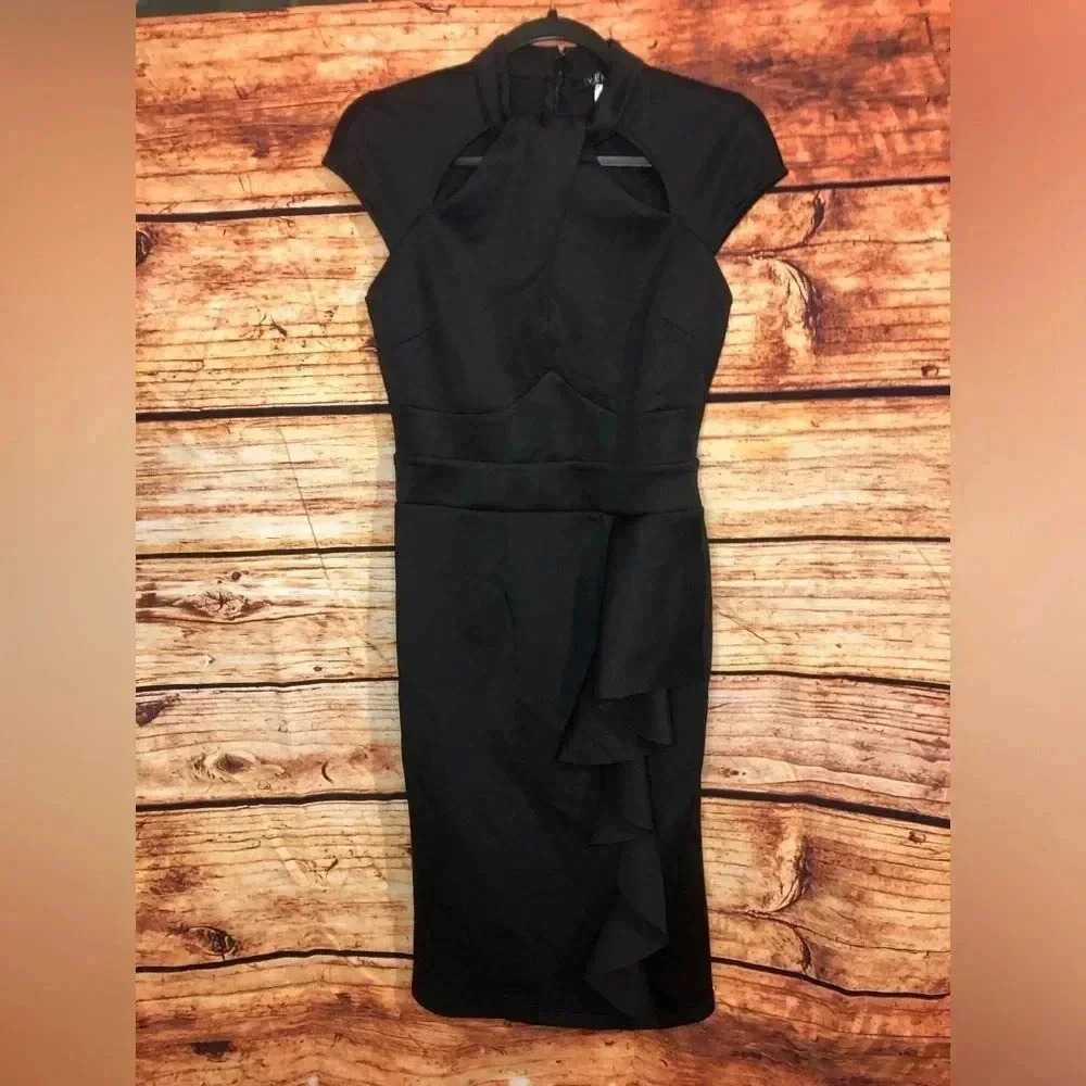 Black Ruffle Cocktail Dress with wrap neck - Picture 2 of 16